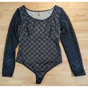 Shapellx Black Geometric Lace Long Sleeve Bodysuit XXL New With Tags Snap Crotch